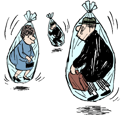 Loriot-Figuren, verpackt in Klarsichtfoliensäcke