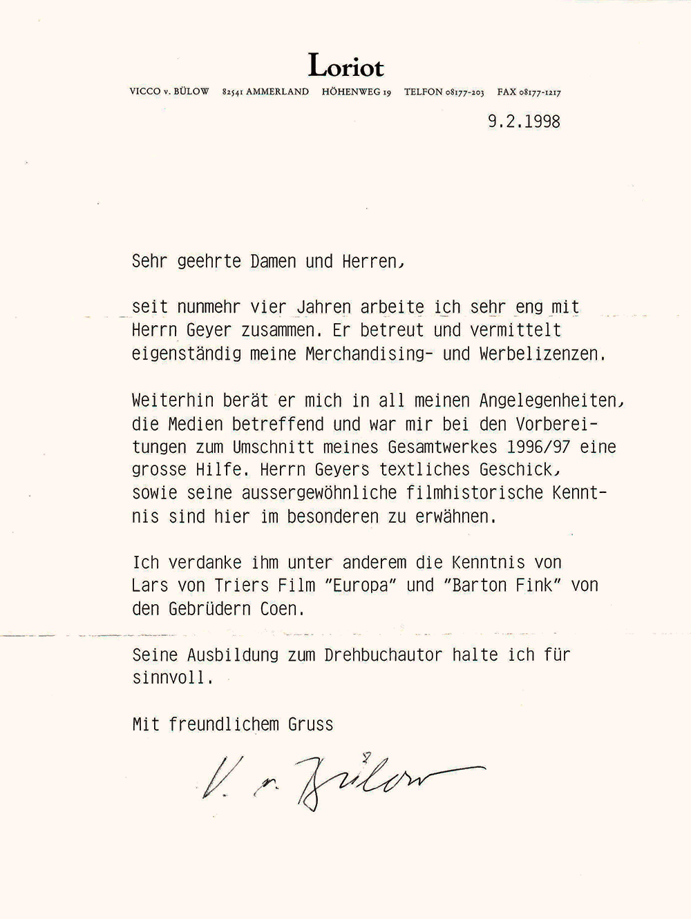 Brief Filmhochschule: Loriot empfiehlt Peter Geyer